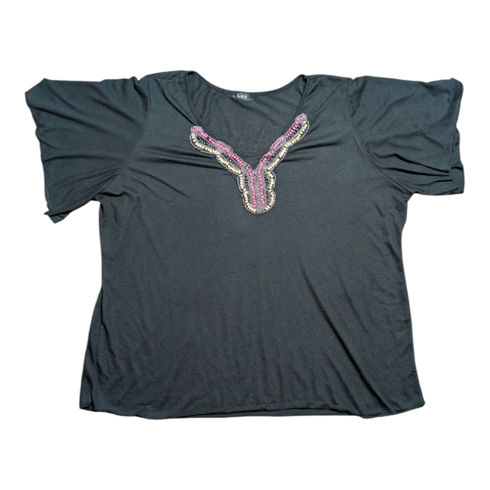 LUZ Women's Clothing Black T Shirt With Beads